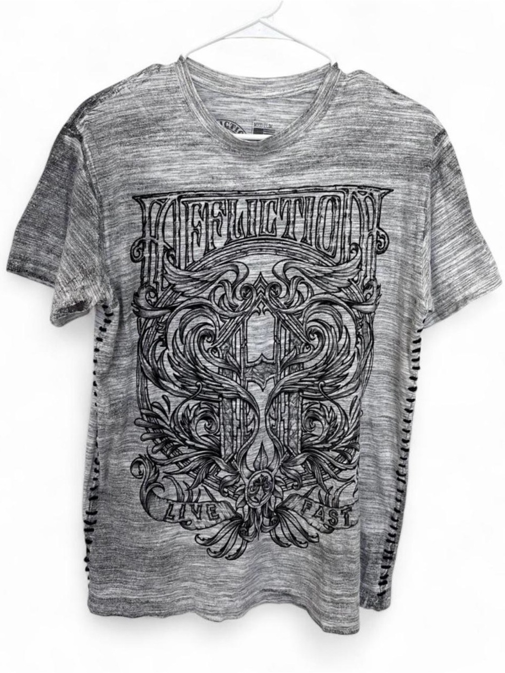 Men's Affliction Y2K Gray Black Distressed Graphic Tee Medium Stitching Casual